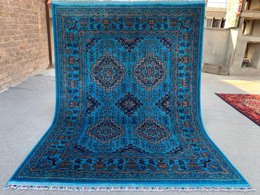 5x7 Ft Ocean Blue Afghan Rug, Natural Hand Knotted Rug, New Bukhara design Rug, Oriental Wool Rug, Fine Quality Rug, Bedroom Living Room Rug