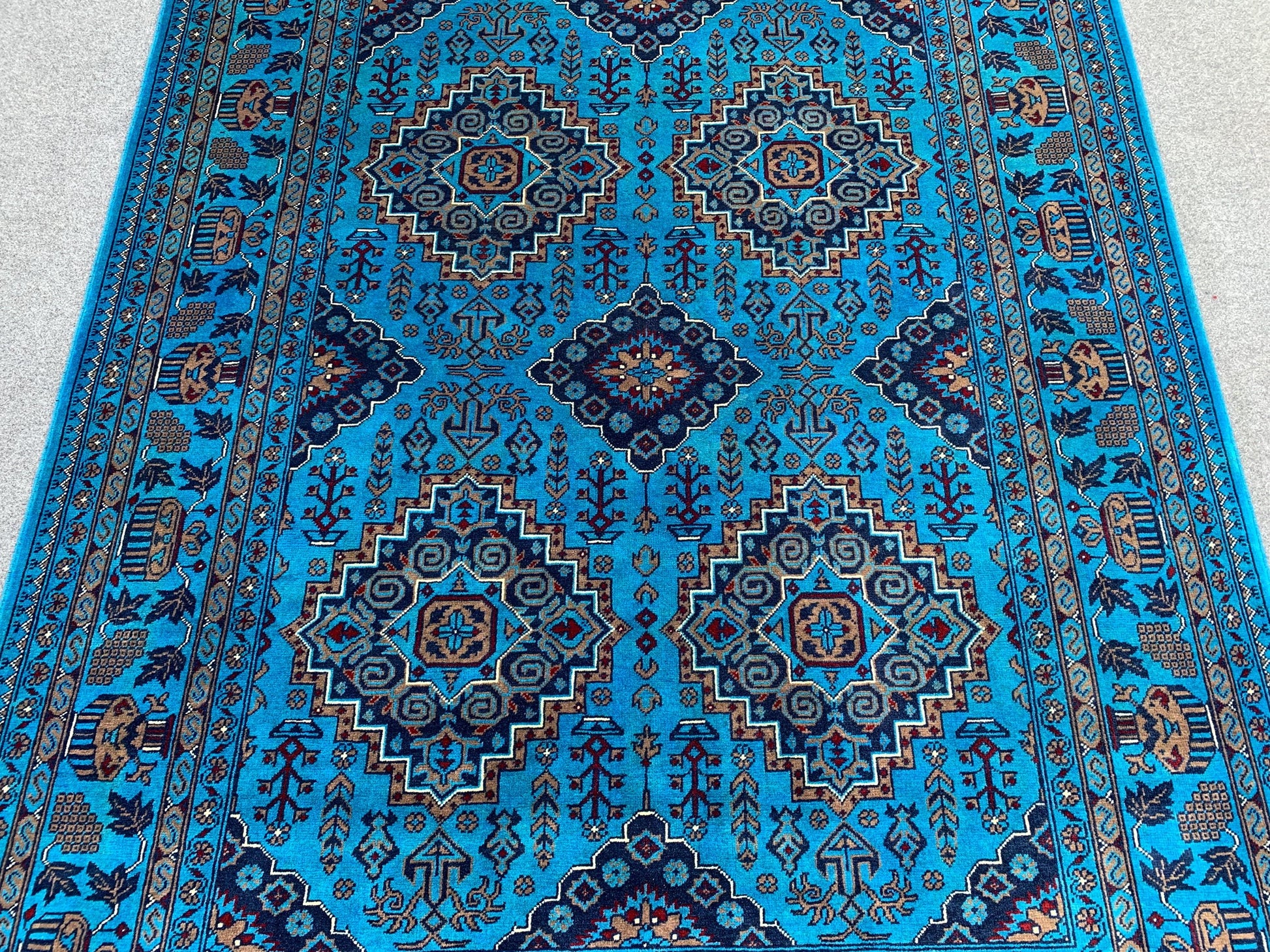 5x7 Ft Ocean Blue Afghan Rug, Natural Hand Knotted Rug, New Bukhara design Rug, Oriental Wool Rug, Fine Quality Rug, Bedroom Living Room Rug
