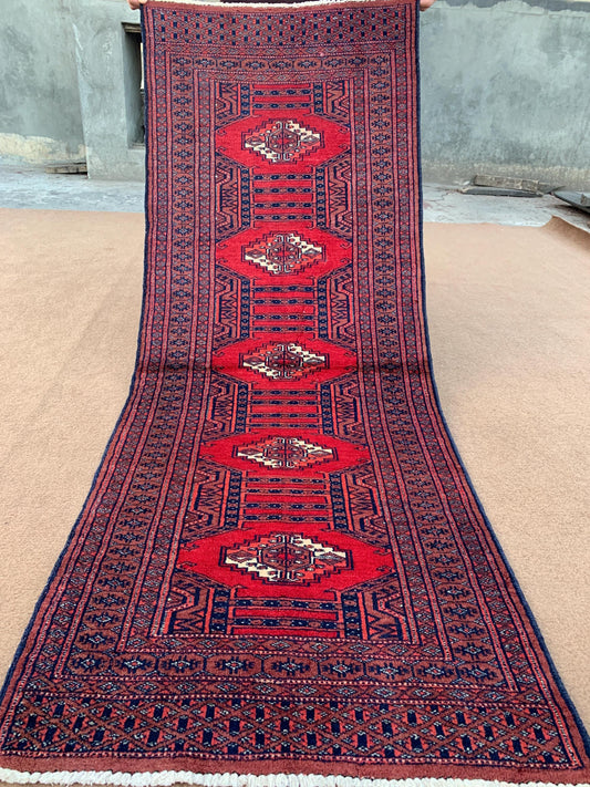 Vintage Pakistani Runner Rug 2x6 Ft Hand Knotted Runner Rug, Geometric Area Rug, Red Blue Runner Rug, Home Decor Rug, Hallway Runner Rug etc