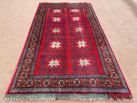 4x6 Ft Vintage Baluchi Rug, Afghan Hand Knotted Wool Rug, One of a kind Rug, Checkered design Rug, Oriental Rug, Bedroom Rug Hallway Rug etc