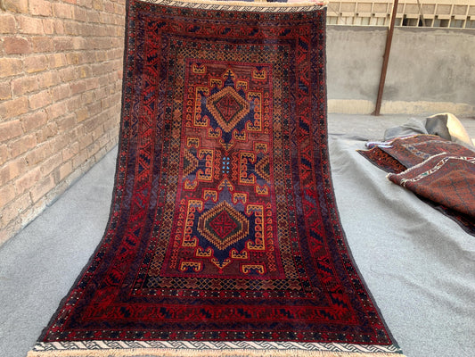 4x6 Vintage Rug, Natural Hand Knotted Afghan Wool Rug, Herati Baluchi Rug, Geometric Area Rug, Oriental Tribal Rug, Bedroom Rug Hallway Rug.