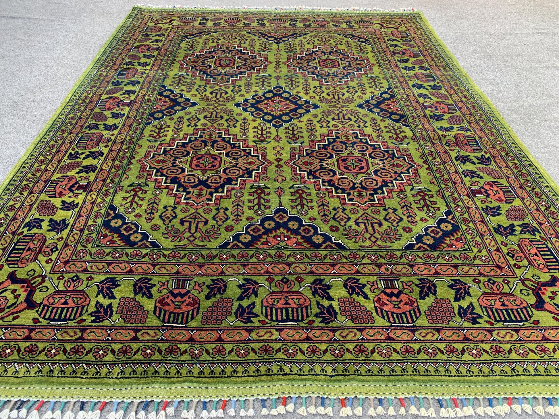 5x7 Ft Amazing Green Rug, Afghan Hand Knotted Wool Rug, New Bukhara design Rug, Oriental Rug, Fine Quality Rug, Bedroom Rug Living Room Rug.
