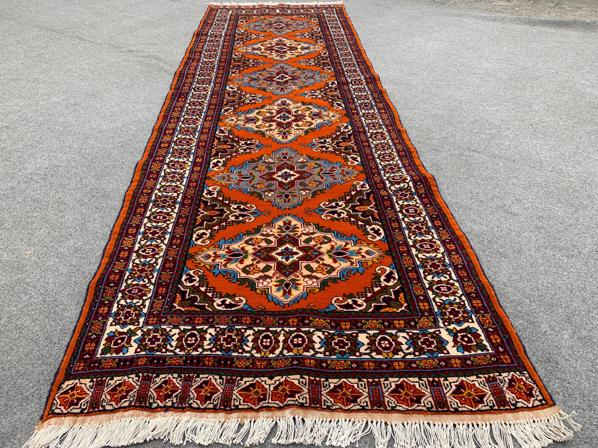 Amazing Orange Runner Rug 3x9 Ft Afghan Hand Knotted Runner Rug, Vintage Geometric Area Rug, Good Quality Rug, Hallway Runner Rug, 90x290 Cm