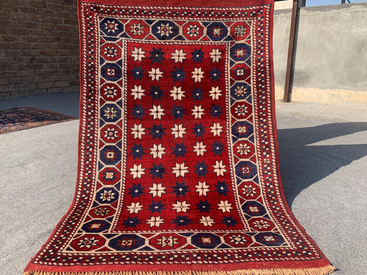 Amazing Vintage Rug 3x4 Ft Afghan Handmade Wool Rug, Red Rug, Oriental Area Rug, Stars design Rug, Rugs for Bedroom Kitchen Hallway Rug etc.
