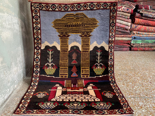 Small Vintage Pictorial Rug, Afghan Handmade Wool Rug, Oriental Wool Rug, One of a kind Rug, Best for Wall Hanging Hallway Rug, 2.6 x 3.8 Ft