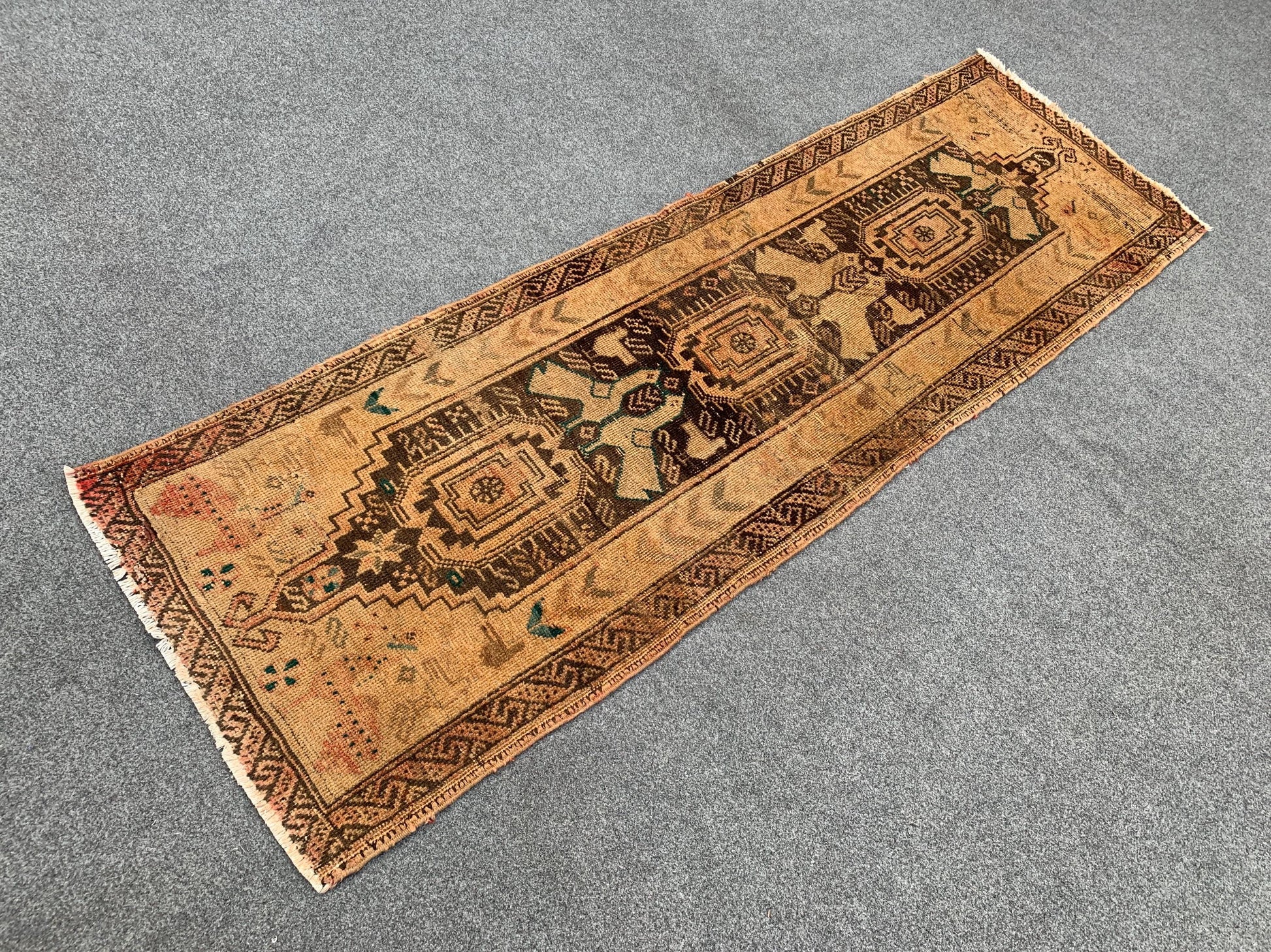 Antique Runner Rug 2x6 Ft Afghan Hand Knotted Runner Rug, Low Pile Rug, Vintage Pictorial Rug, Oriental Wool Rug Bedroom Hallway Runner Rug.
