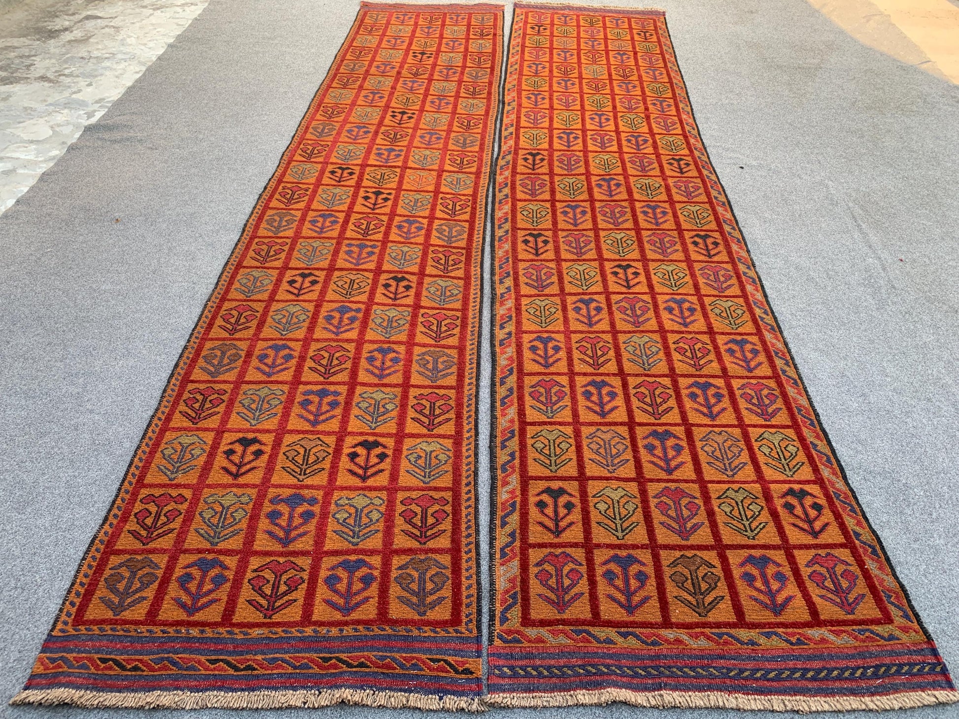 Set of 2 Piece Rug, 3x12 Ft Runner kilim Rug, Afghan Nokar Runner Rug, Handmade Wool Rug, Checkered design Rug, Bedroom Hallway Runner Rug.