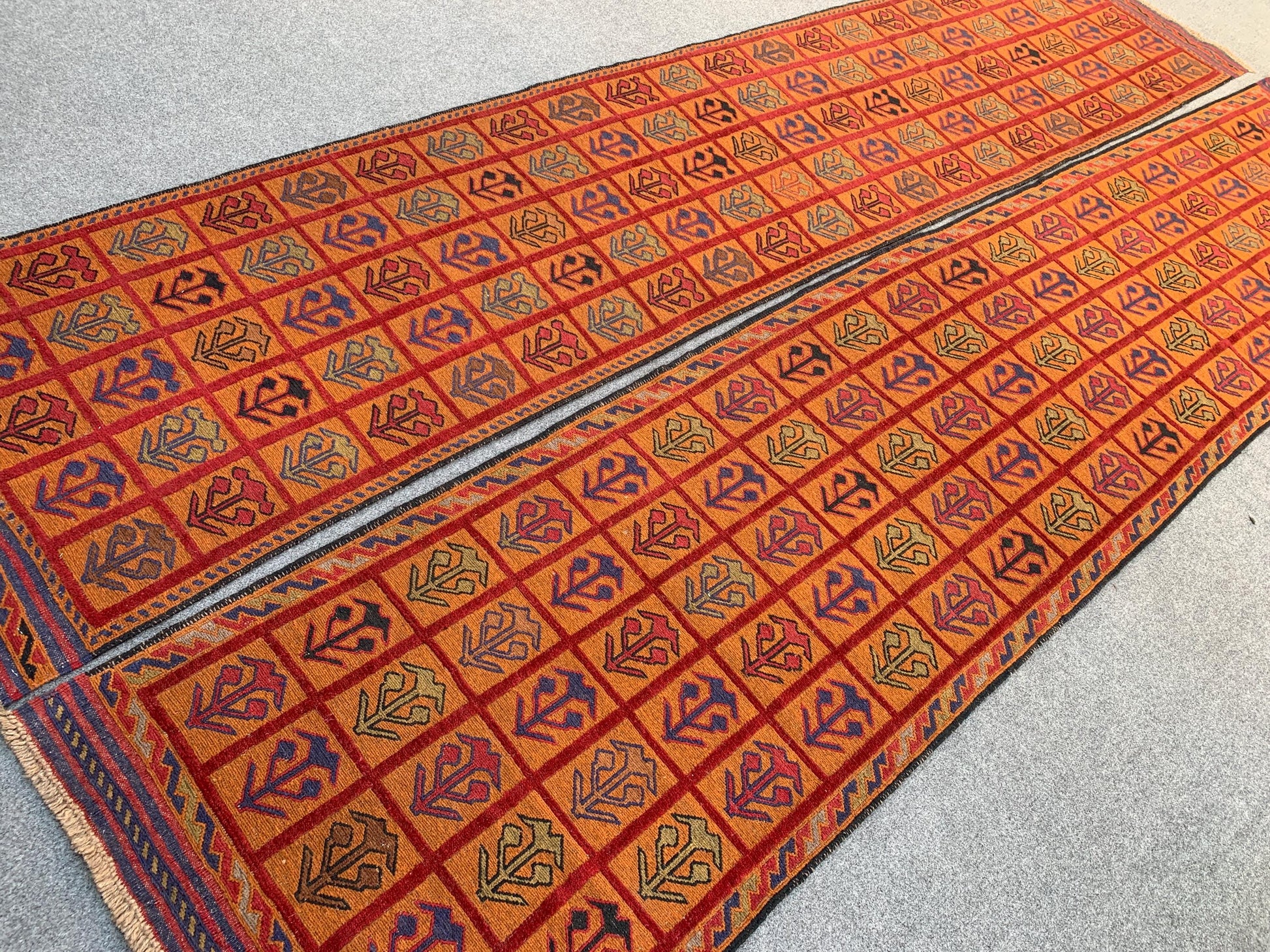 Set of 2 Piece Rug, 3x12 Ft Runner kilim Rug, Afghan Nokar Runner Rug, Handmade Wool Rug, Checkered design Rug, Bedroom Hallway Runner Rug.