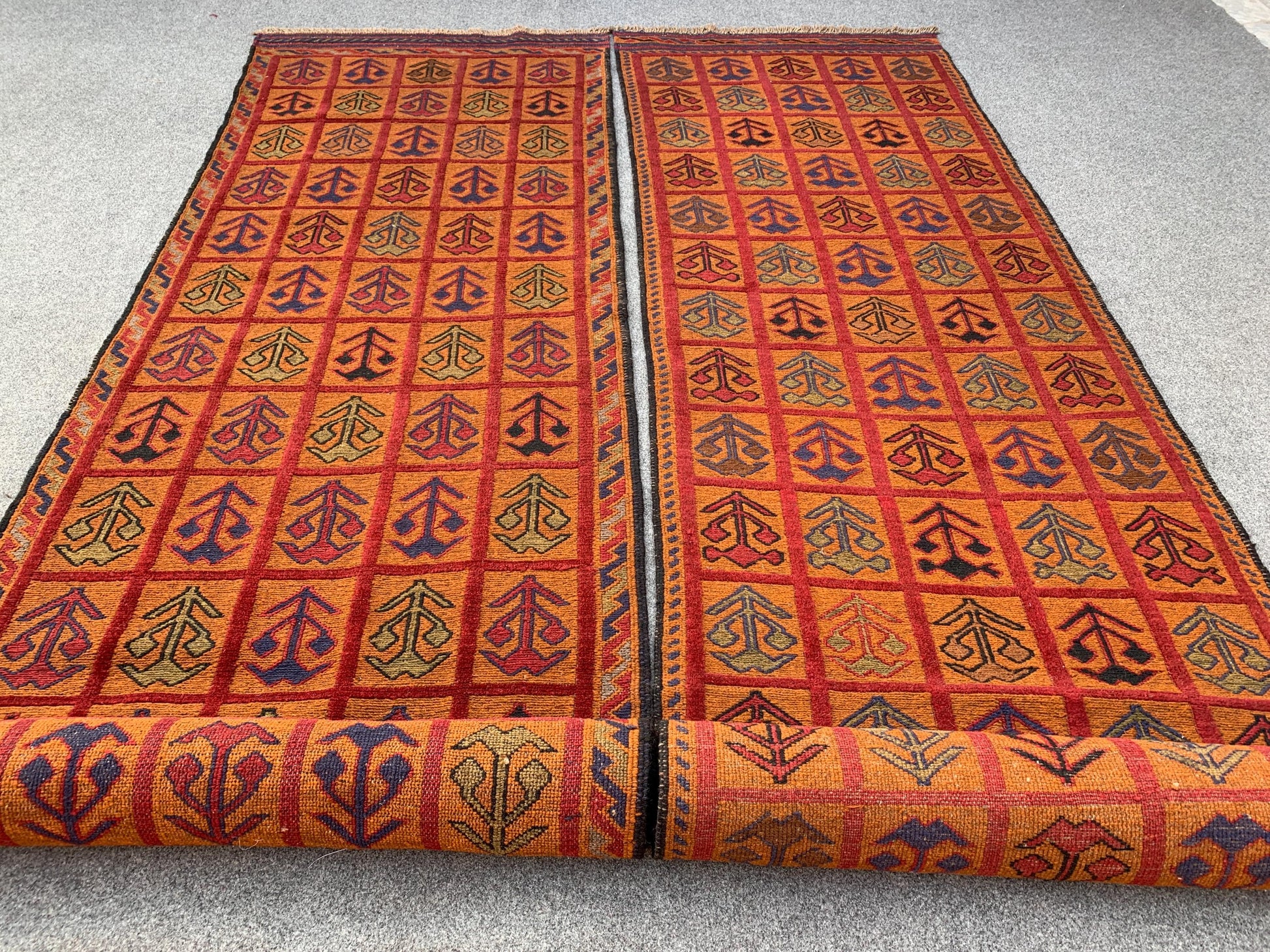 Set of 2 Piece Rug, 3x12 Ft Runner kilim Rug, Afghan Nokar Runner Rug, Handmade Wool Rug, Checkered design Rug, Bedroom Hallway Runner Rug.