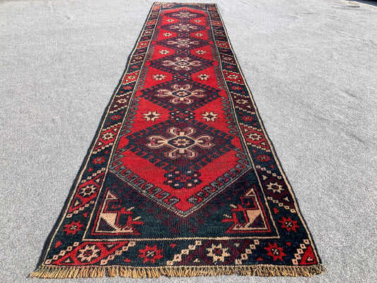 Vintage Runner Rug 2x9 Ft Afghan Hand Knotted Runner Rug, Low Pile Rug, Geometric Area Rug, Antique Oriental Runner Rug, Hallway Runner Rug.