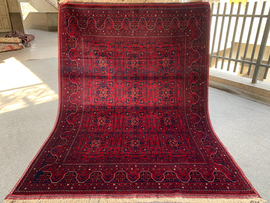Vintage Bukhara Beljik Rug 5x6 Hand Knotted Wool Rug, High Quality Afghan Rug, Oriental Rug, Good Pile Rug, Best for Bedroom Living Room Rug