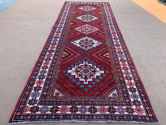Amazing Afghan Runner Rug 4x10 Ft Hand Knotted Vintage Runner Rug, Geometric Oriental Rug, Turkmen Tribal Rug Hallway Runner Rug 110x310 Cm