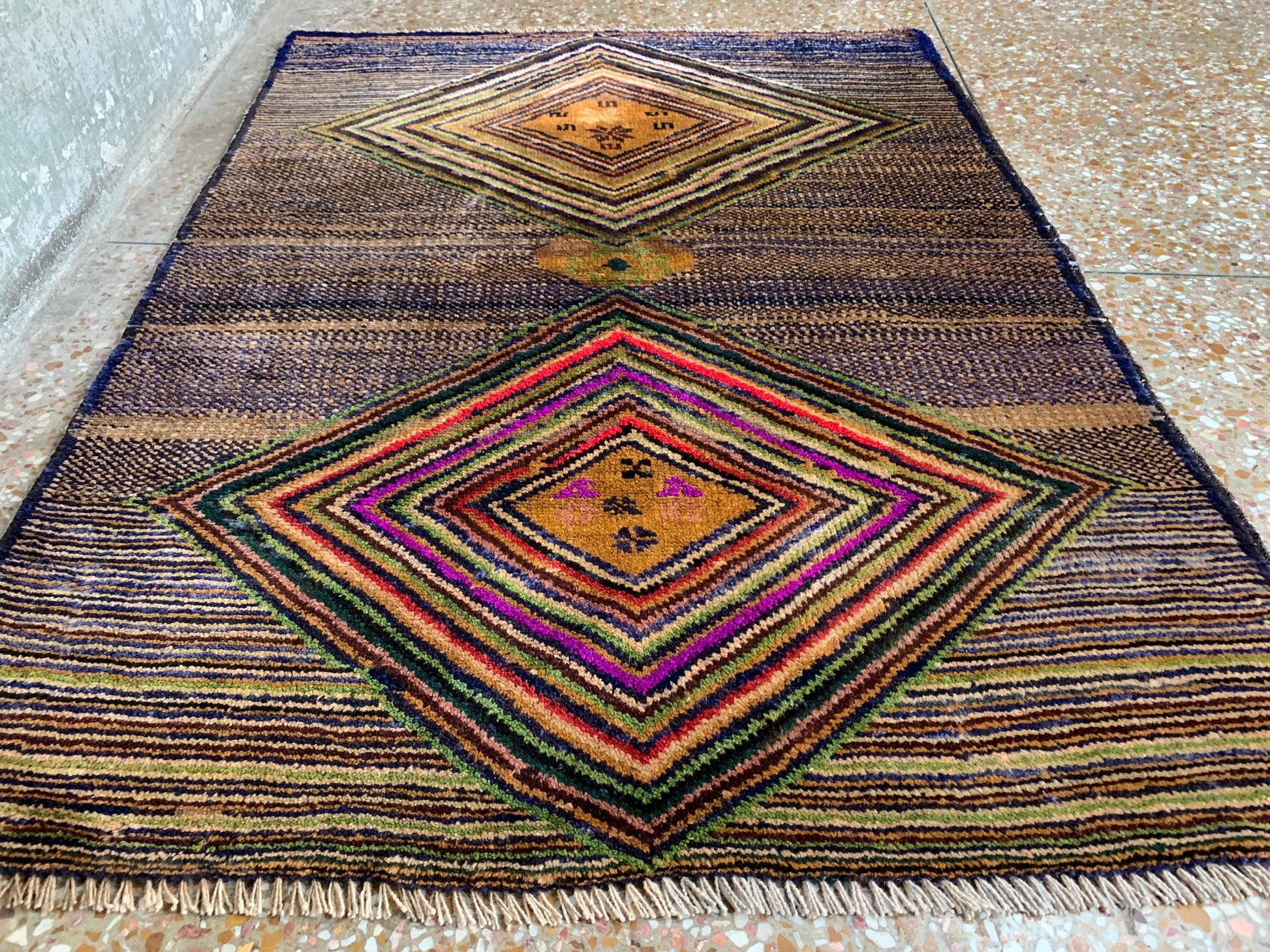 3x4 Ft Vintage Rug, Geometric design Rug, Afghan Handmade Rug, High Pile Rug Baluchi Oriental Rug, Best for Hallway Kitchen Bedroom Rug etc.