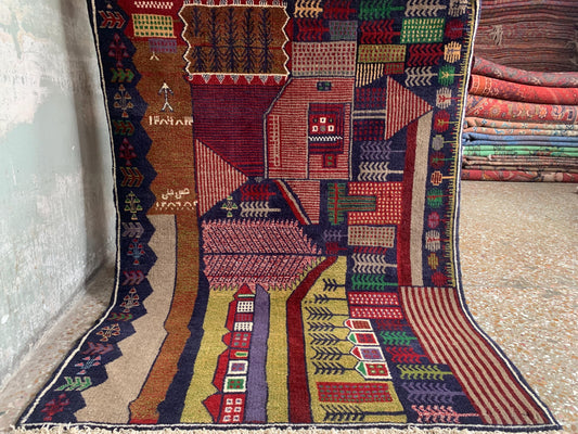 3x4 Ft Vintage Pictorial Rug, Afghan Handmade Rug, Baluchi Oriental Wool Rug, Tree design Rug, Home Decor Rug, Hallway Kitchen Bedroom Rug.