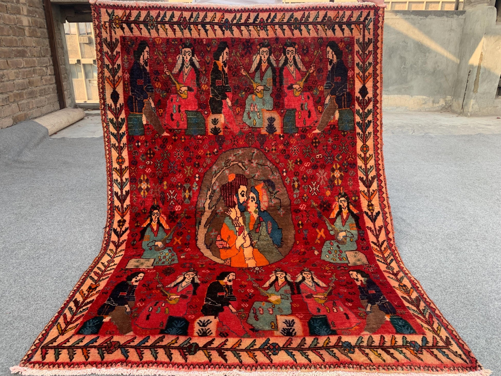 3x5 Ft Antique Pictorial Red Rug, Hand Knotted Vintage Rug, Oriental Afghan Wool Rug, Good Pile Rug Wall Decor Rug, Best for Living Room Rug