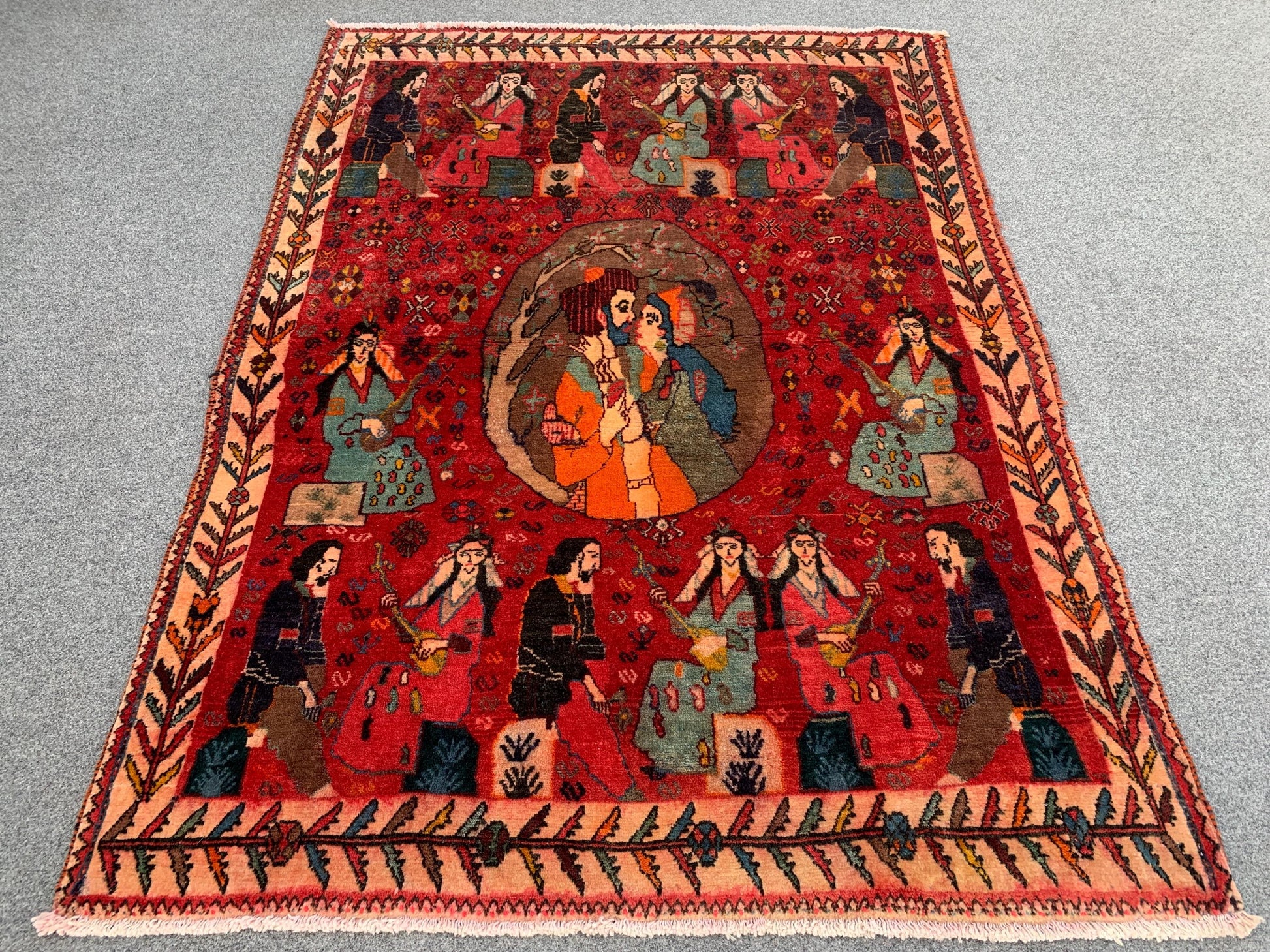 3x5 Ft Antique Pictorial Red Rug, Hand Knotted Vintage Rug, Oriental Afghan Wool Rug, Good Pile Rug Wall Decor Rug, Best for Living Room Rug