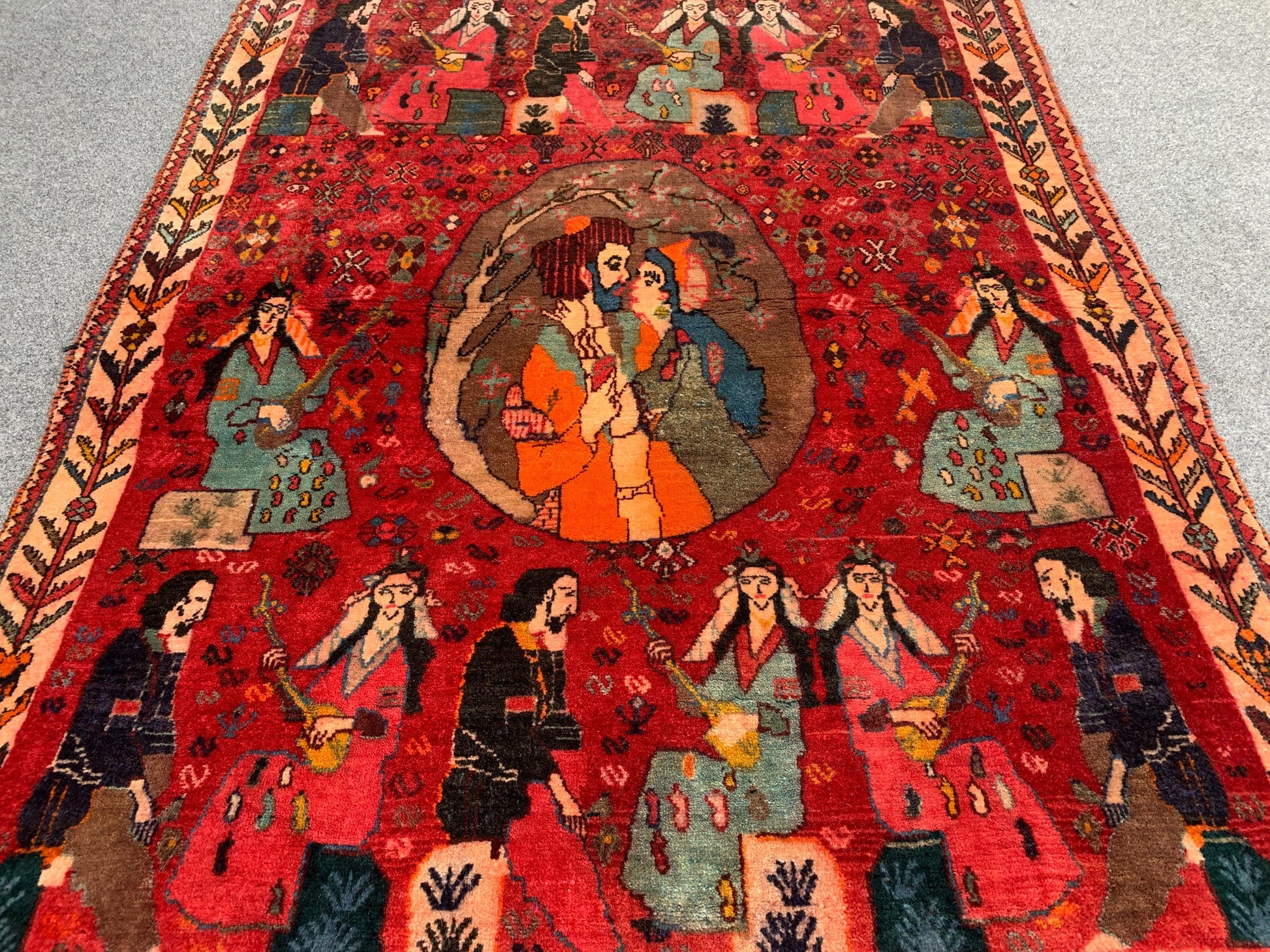 3x5 Ft Antique Pictorial Red Rug, Hand Knotted Vintage Rug, Oriental Afghan Wool Rug, Good Pile Rug Wall Decor Rug, Best for Living Room Rug