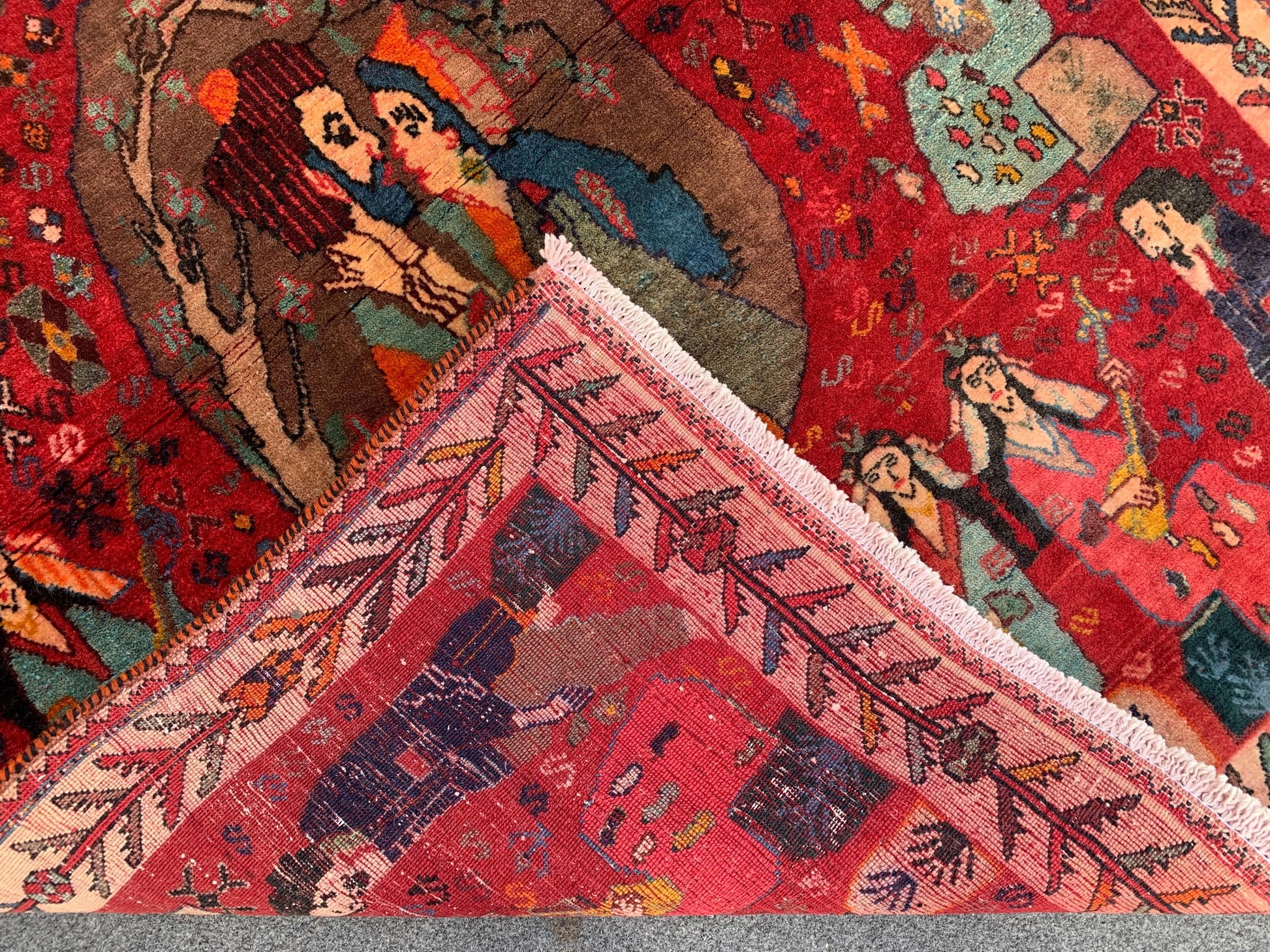 3x5 Ft Antique Pictorial Red Rug, Hand Knotted Vintage Rug, Oriental Afghan Wool Rug, Good Pile Rug Wall Decor Rug, Best for Living Room Rug