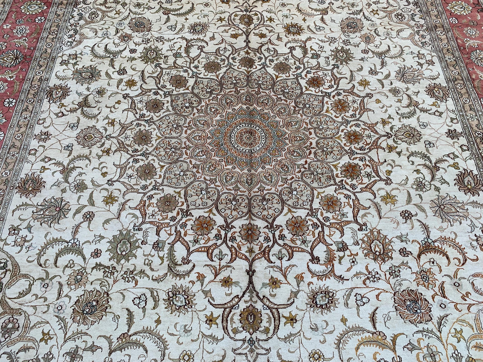 Amazing Large Afghan Silk Rug 9x12 Ft Salmon Ivory pink Hand knotted silk on cotton oriental floral Carpet, Traditional Rug, Living Room Rug