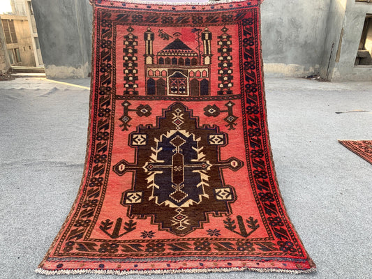 Vintage Prayer Rug 3x4 Natural Hand Knotted Afghan Prayer Rug, Oriental Wool Rug, Muslim Prayer Rug, Turkmen Prayer Rug, Geometric Area Rug.