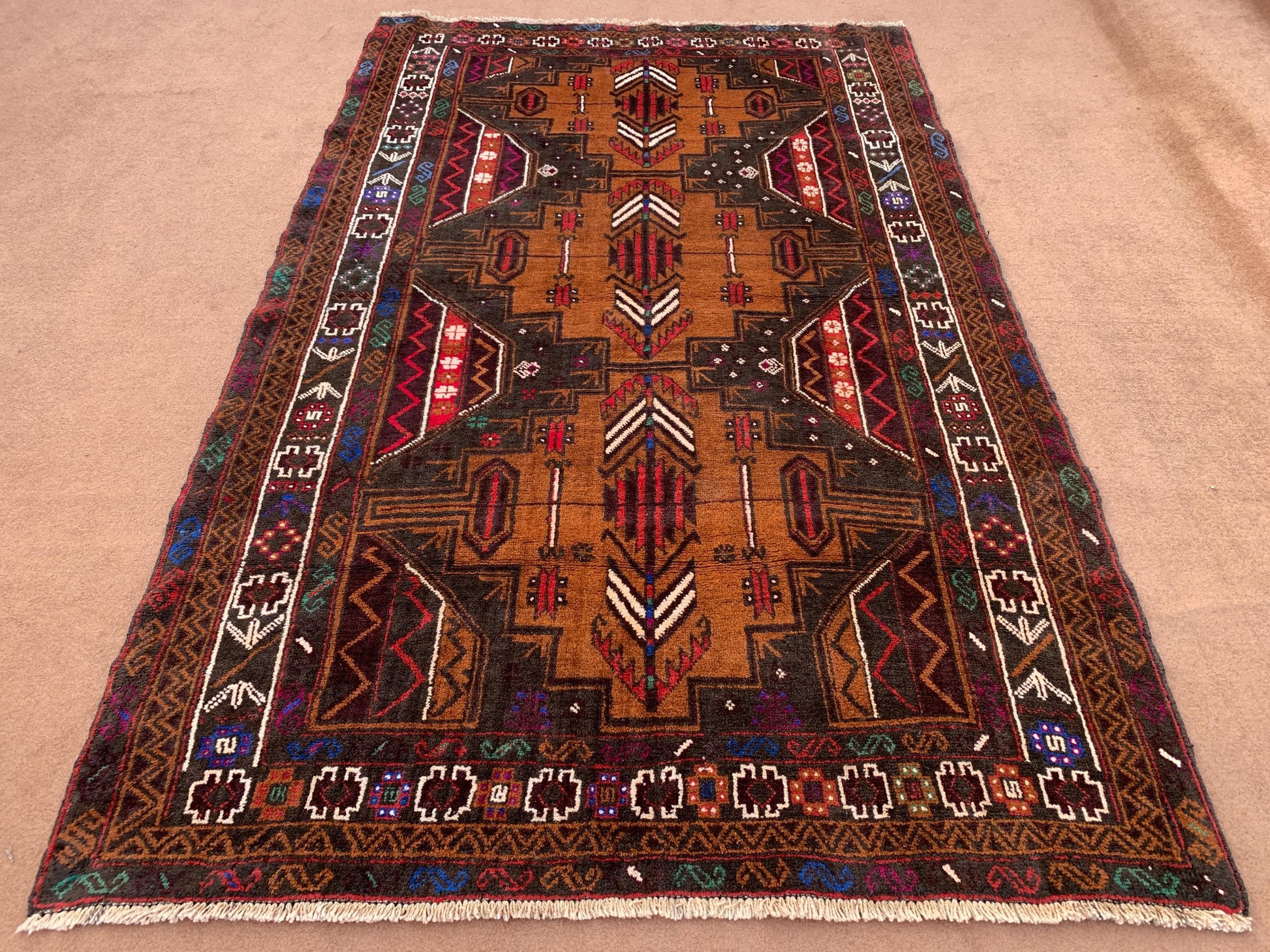4x7 Ft Vintage Geometric design Rug, Afghan Hand Knotted Rug, Herati Baluchi Rug, Oriental Wool Rug, High Pile Rug, Living Room Bedroom Rug.