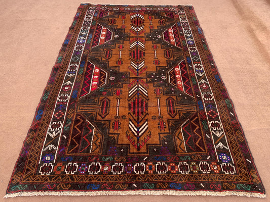 4x7 Ft Vintage Geometric design Rug, Afghan Hand Knotted Rug, Herati Baluchi Rug, Oriental Wool Rug, High Pile Rug, Living Room Bedroom Rug.