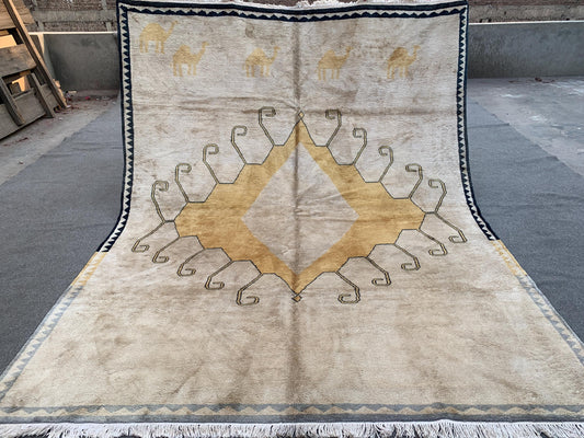 Beige Yellow Silk Rug 6x8 Ft Handmade Afghan Silk Rug, Geometric Area Rug, Turkmen Silk Rug, Soft Pile Rug, Rugs for Bedroom Living Room Rug