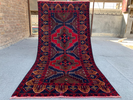 3x7 Ft Vintage Afghan Rug, Natural Hand Knotted Wool Rug, Navy Blue Red Rug, Geometric Area Rug, Oriental Rug, Rugs for Bedroom Hallway Rug.