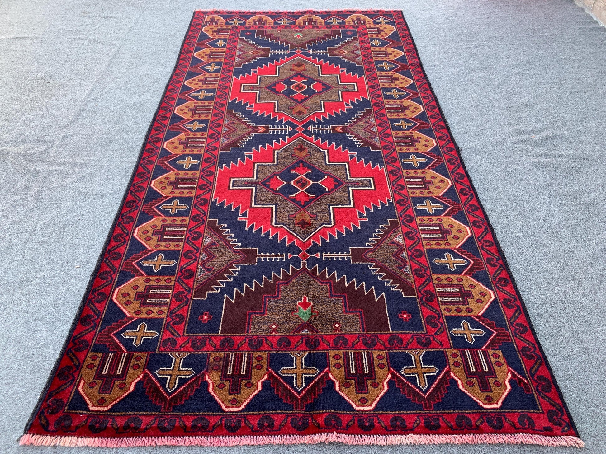 3x7 Ft Vintage Afghan Rug, Natural Hand Knotted Wool Rug, Navy Blue Red Rug, Geometric Area Rug, Oriental Rug, Rugs for Bedroom Hallway Rug.