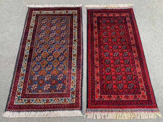 2x3 Ft Small Afghan Rug, Hand knotted Wool Rug, Khoja Roshni Rug Red Blue Rug, Small 2 Piece Rug, Oriental Rug, Rugs for Kitchen Hallway Rug