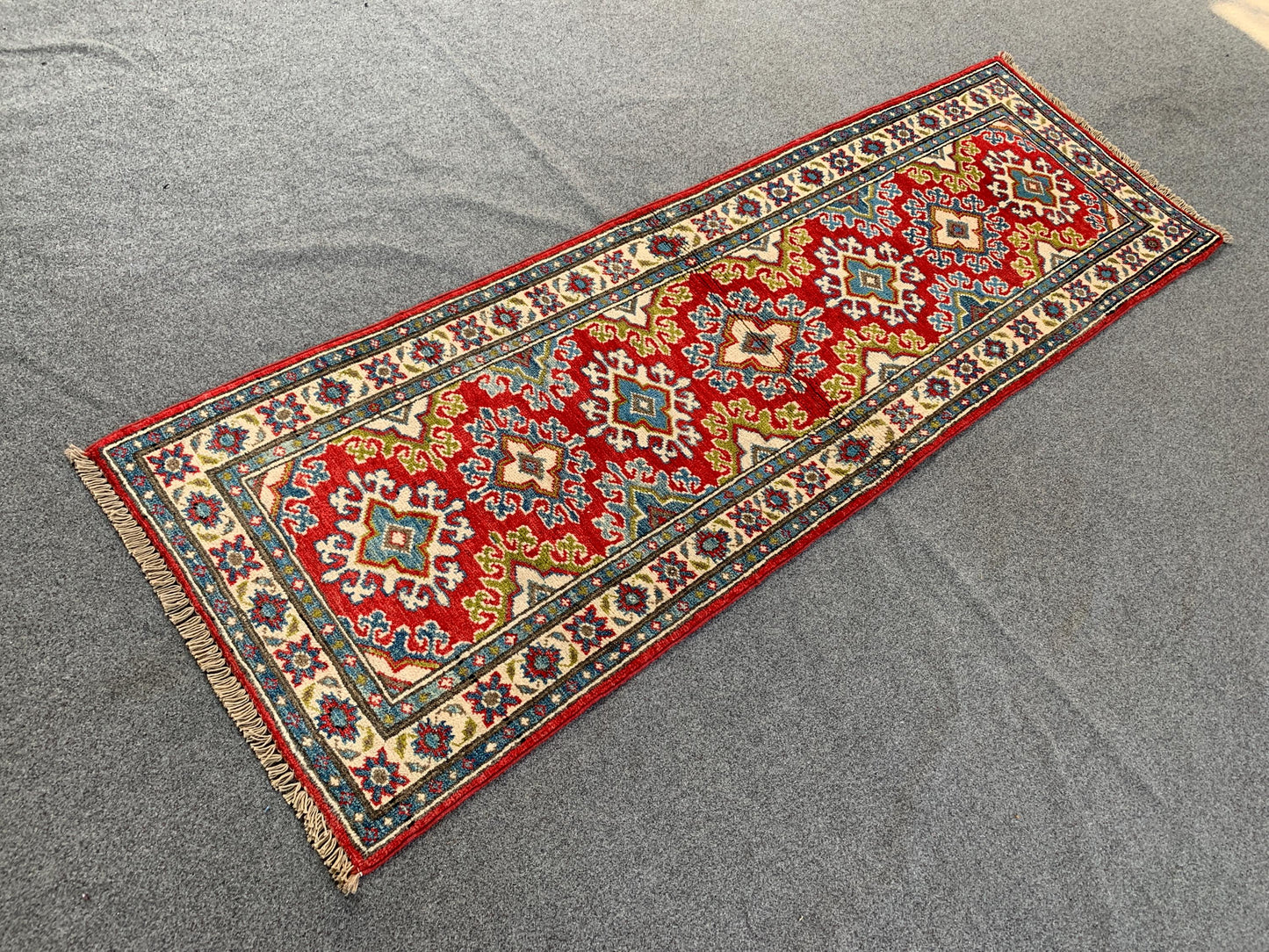 2x6 Ft Afghan Runner Rug, Hand Knotted Runner Rug, Geometric Area Rug, Oriental Vintage Rug, Turkmen Kazak Rug, Bedroom Hallway Runner Rug.