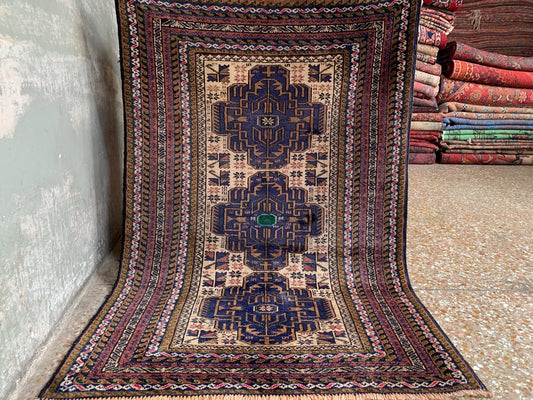 3x4 Ft Vintage Rug, Afghan Hand Knotted Rug, Geometric Area Rug, Baluchi Oriental Wool Rug, Best for Hallway Rug, Good Pile Rug, Bedroom Rug