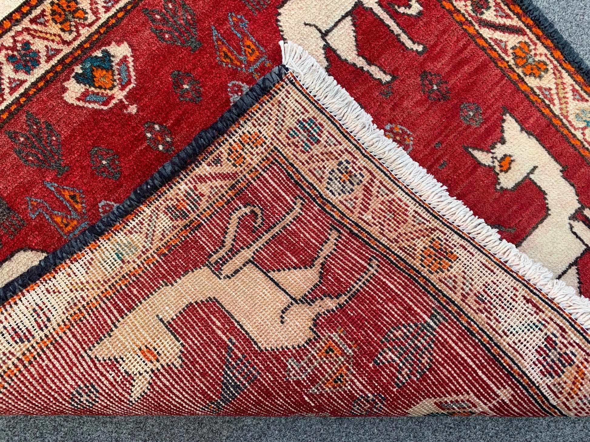 2x4 Ft One of a kind Vintage Rug, Afghan Hand Knotted Rug, Pictorial Animal Rug, Red Rug Oriental Wool Rug, Rugs for Bedroom Hallway Rug etc