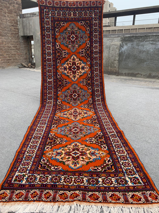 Amazing Orange Runner Rug 3x9 Ft Afghan Hand Knotted Runner Rug, Vintage Geometric Area Rug, Good Quality Rug, Hallway Runner Rug, 90x290 Cm