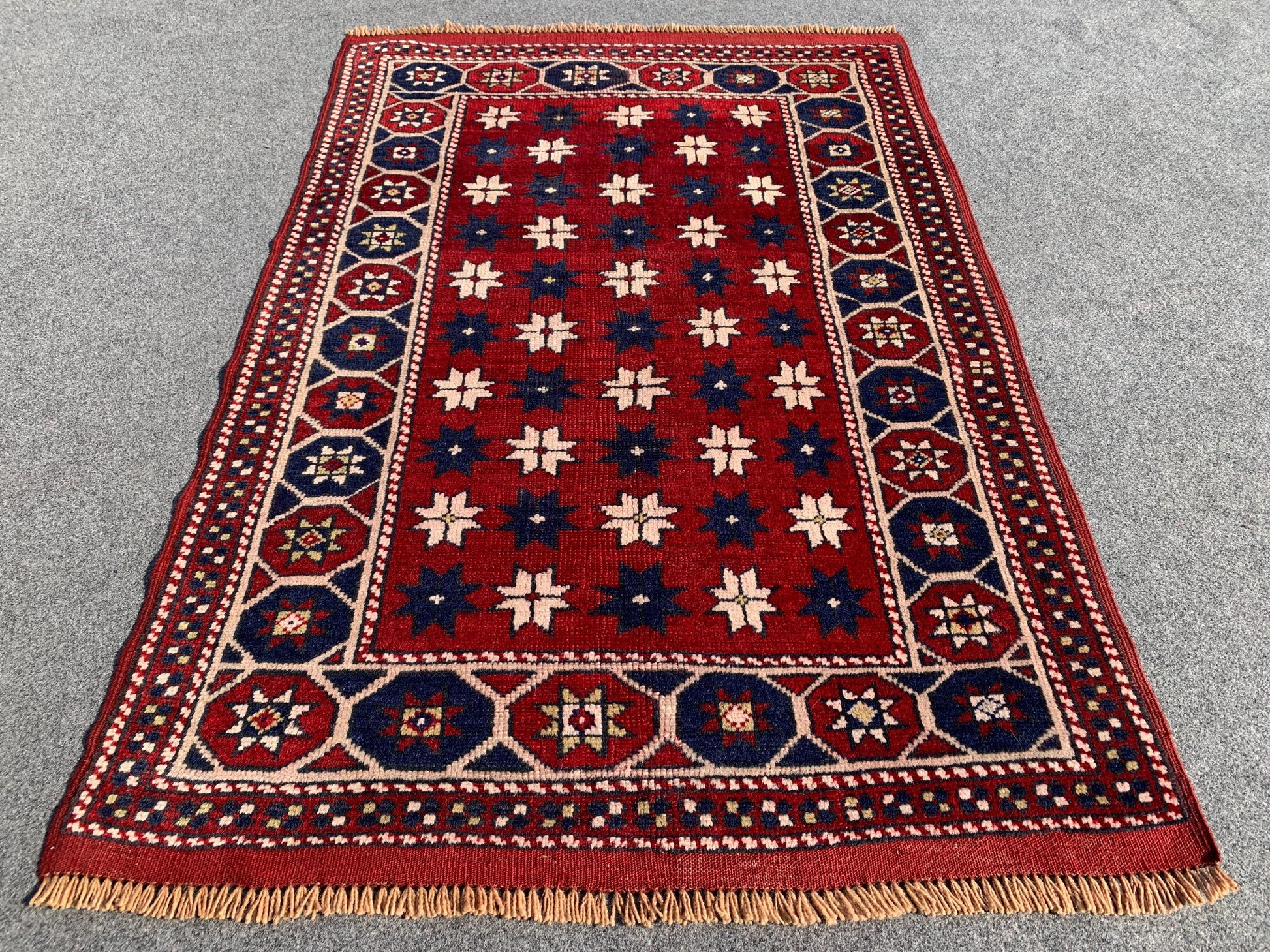 Amazing Vintage Rug 3x4 Ft Afghan Handmade Wool Rug, Red Rug, Oriental Area Rug, Stars design Rug, Rugs for Bedroom Kitchen Hallway Rug etc.
