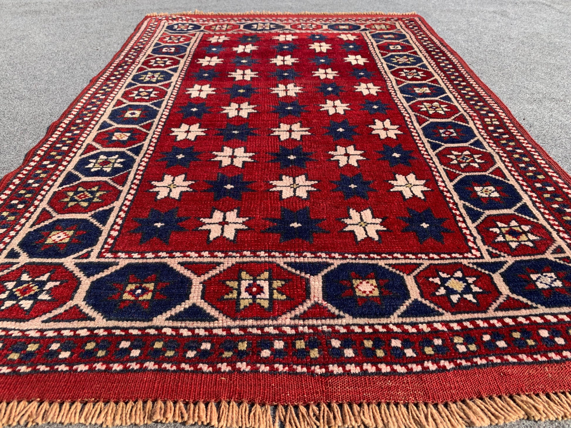 Amazing Vintage Rug 3x4 Ft Afghan Handmade Wool Rug, Red Rug, Oriental Area Rug, Stars design Rug, Rugs for Bedroom Kitchen Hallway Rug etc.