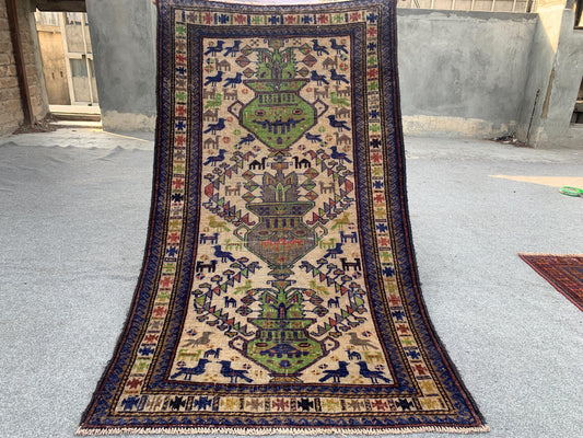 3x5 Ft Vintage Pictorial Rug, Afghan Handmade Rug, Low Pile Rug, Antique Baluchi Rug Oriental Wool Rug, Rugs for Bedroom Kitchen Hallway Rug