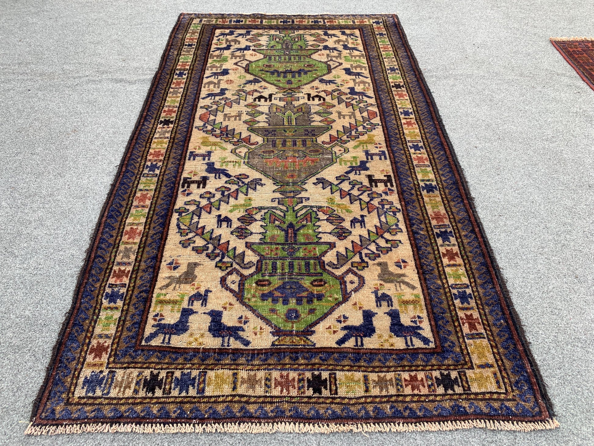 3x5 Ft Vintage Pictorial Rug, Afghan Handmade Rug, Low Pile Rug, Antique Baluchi Rug Oriental Wool Rug, Rugs for Bedroom Kitchen Hallway Rug