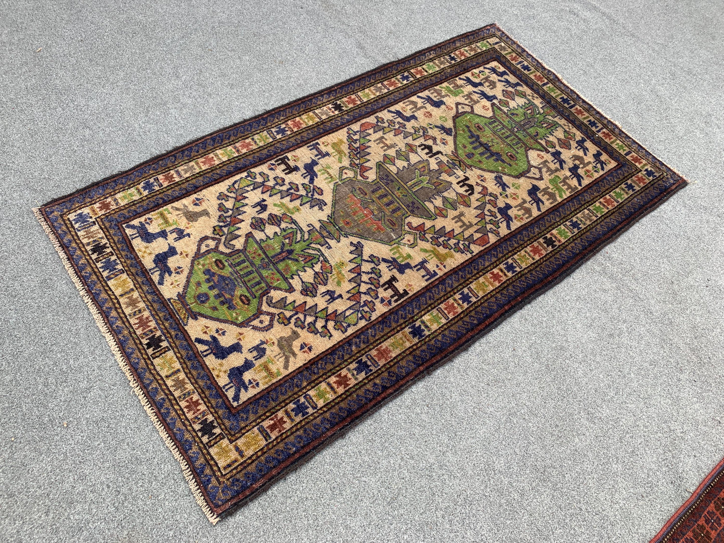 3x5 Ft Vintage Pictorial Rug, Afghan Handmade Rug, Low Pile Rug, Antique Baluchi Rug Oriental Wool Rug, Rugs for Bedroom Kitchen Hallway Rug