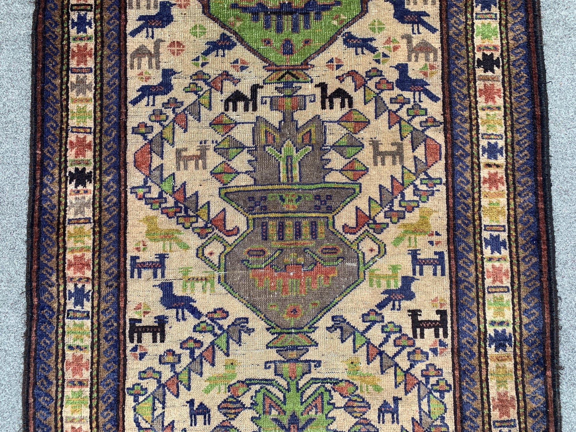 3x5 Ft Vintage Pictorial Rug, Afghan Handmade Rug, Low Pile Rug, Antique Baluchi Rug Oriental Wool Rug, Rugs for Bedroom Kitchen Hallway Rug