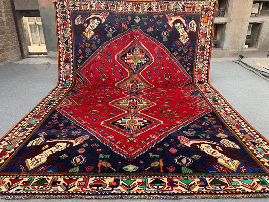 Amazing Vintage Pictorial Rug 7x11 Ft Afghan Hand Knotted Wool Rug, Caucasian design Rug, Red Navy Blue Rug, Good Pile Rug, Living Room Rug.