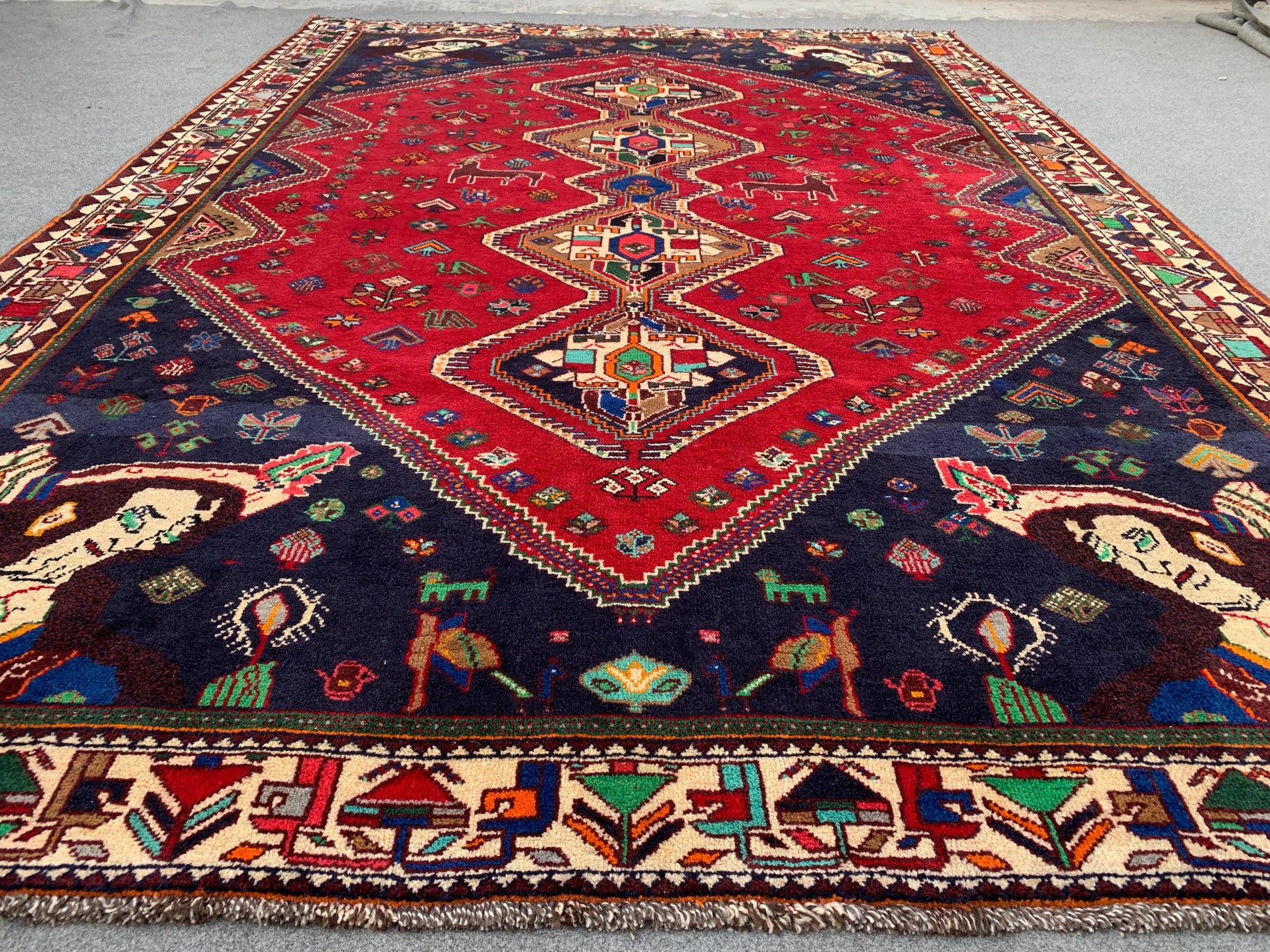 Amazing Vintage Pictorial Rug 7x11 Ft Afghan Hand Knotted Wool Rug, Caucasian design Rug, Red Navy Blue Rug, Good Pile Rug, Living Room Rug.