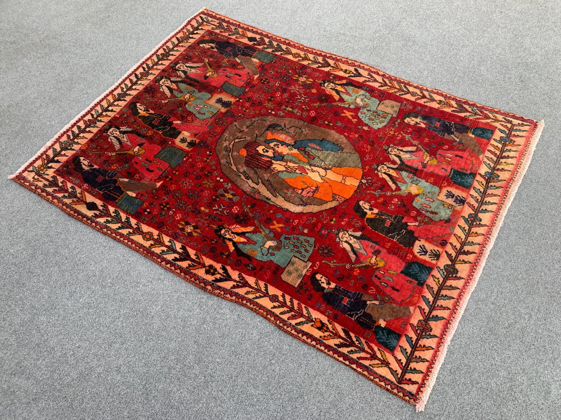 3x5 Ft Antique Pictorial Red Rug, Hand Knotted Vintage Rug, Oriental Afghan Wool Rug, Good Pile Rug Wall Decor Rug, Best for Living Room Rug