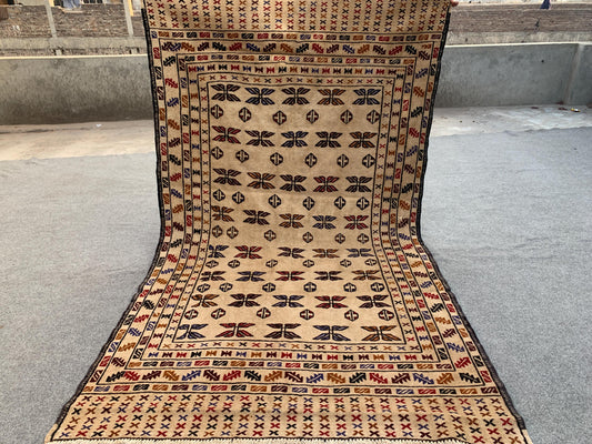 4x7 Antique Soumak kilim Rug, Afghan Handmade Vintage kilim Rug, Turkmen Soumak Rug, Oriental Wool Rug, Wall Decor Rug, Bedroom Hallway Rug.