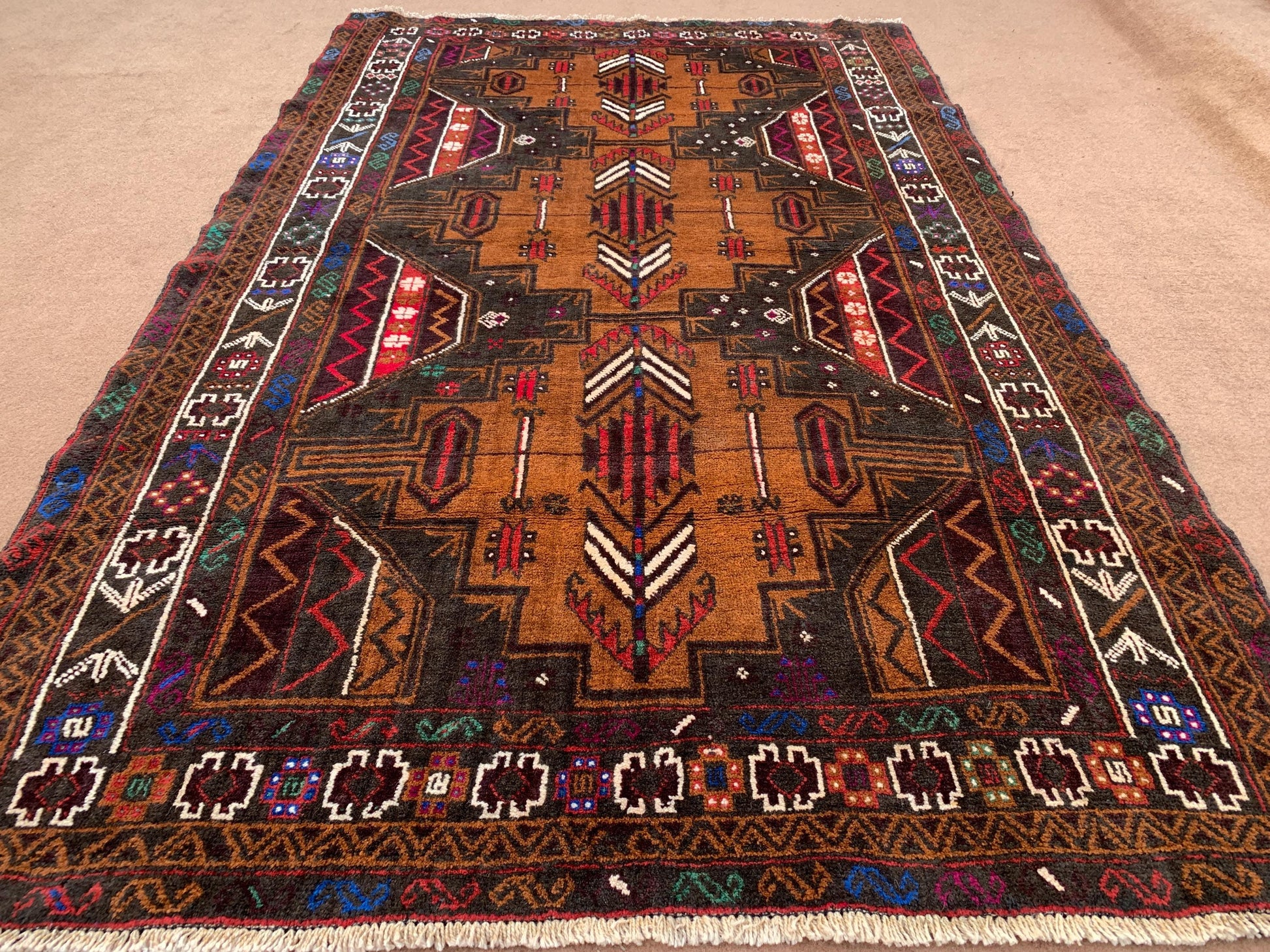 4x7 Ft Vintage Geometric design Rug, Afghan Hand Knotted Rug, Herati Baluchi Rug, Oriental Wool Rug, High Pile Rug, Living Room Bedroom Rug.