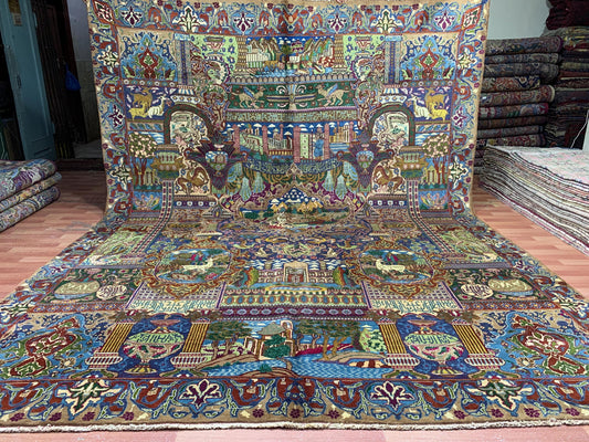 9x12 Ft Antique Pictorial Animal Rug, Hand knotted Vintage Wool Rug, Home decor Rug, Afghan Oriental Rug, Dining Table Rug, Living Room Rug.