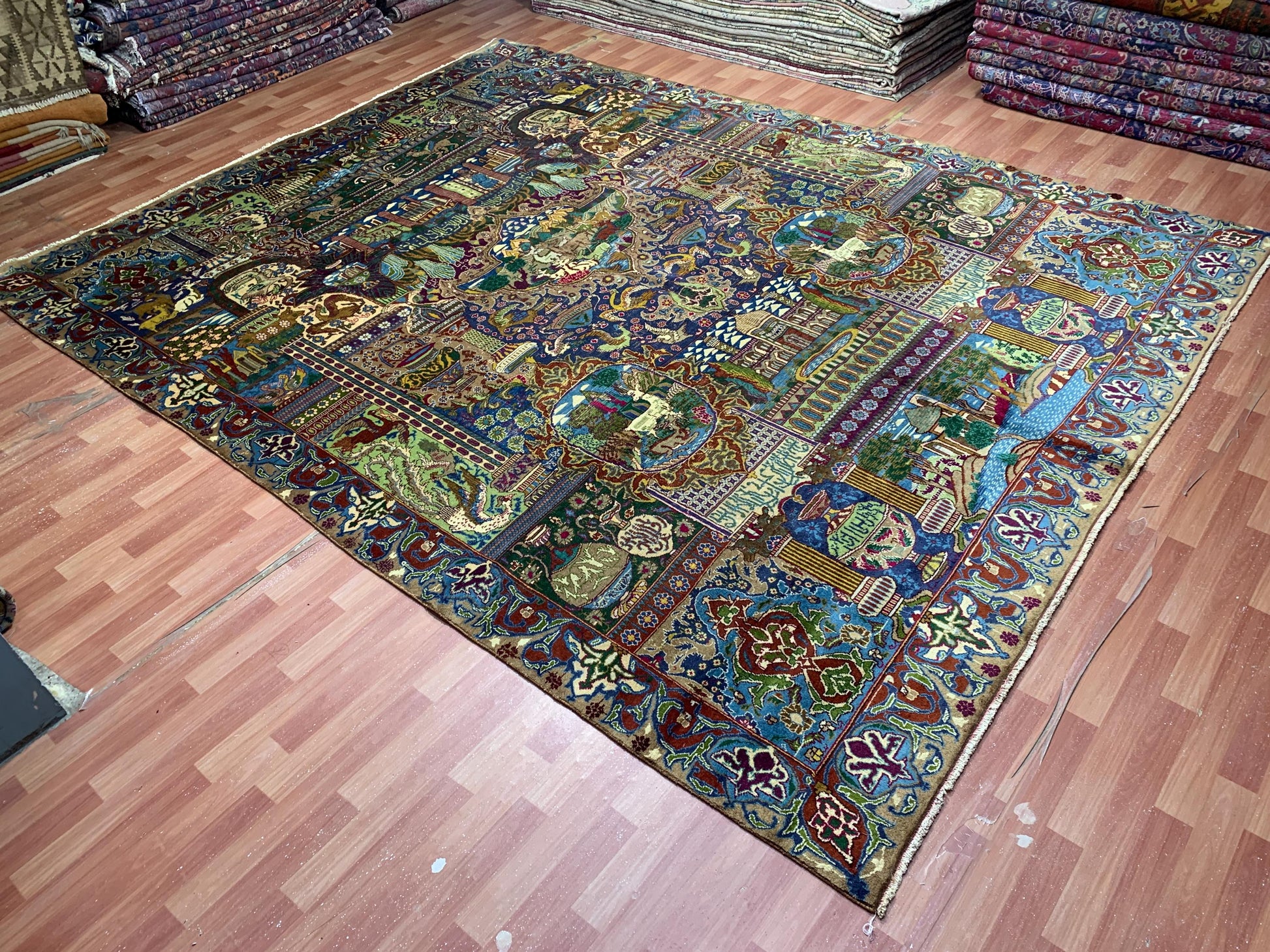 9x12 Ft Antique Pictorial Animal Rug, Hand knotted Vintage Wool Rug, Home decor Rug, Afghan Oriental Rug, Dining Table Rug, Living Room Rug.