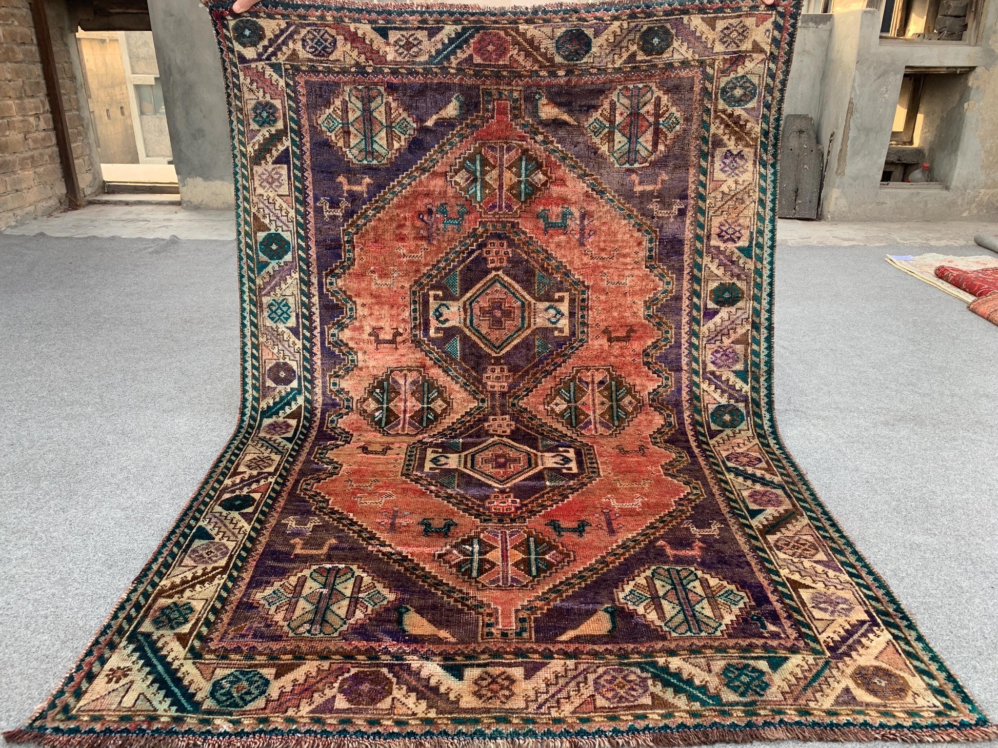 Vintage Rug 4x6 Ft Caucasian design Rug, Afghan Handmade Rug, Low Pile Rug, Oriental Wool Rug, Antique Tribal Rug, Bedroom Rug, Hallway Rug.