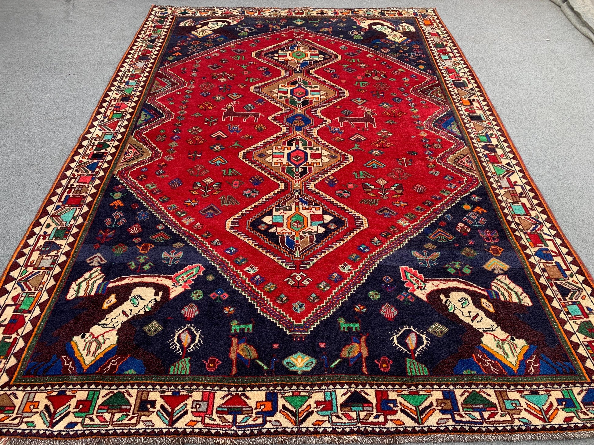 Amazing Vintage Pictorial Rug 7x11 Ft Afghan Hand Knotted Wool Rug, Caucasian design Rug, Red Navy Blue Rug, Good Pile Rug, Living Room Rug.