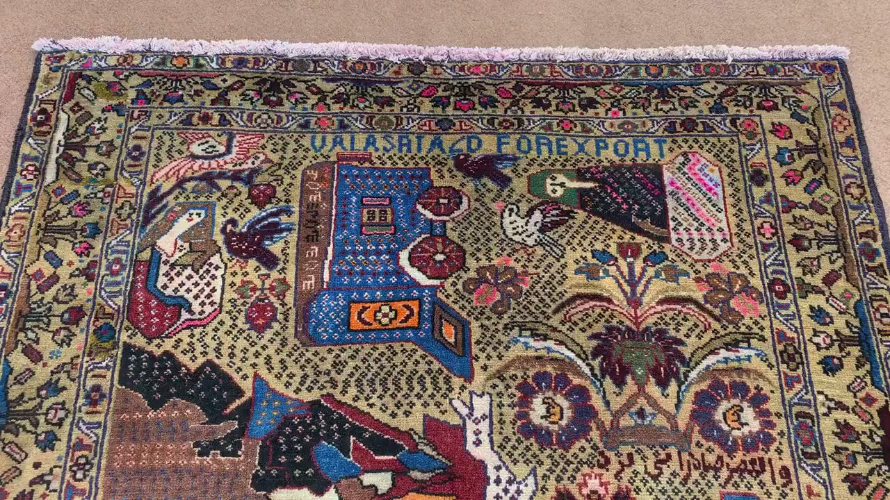 3x5 ft Pictorial Antique Rug 100% Handmade Afghan Rug, Herati Baluchi Rug, Vintage Pictorial Rug Oriental Wool Rug Bedroom Wall Hanging Rug.